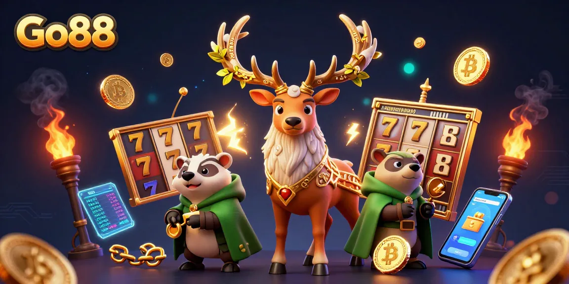 Experience thrilling gameplay at Go88 with slot jackpots and whimsical characters in a vibrant scene.