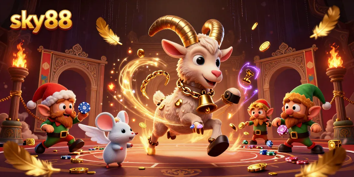 Experience thriving action at sky88 casino with Krampus, angel mouse, and elf gremlins stealing chips in a festive scene.