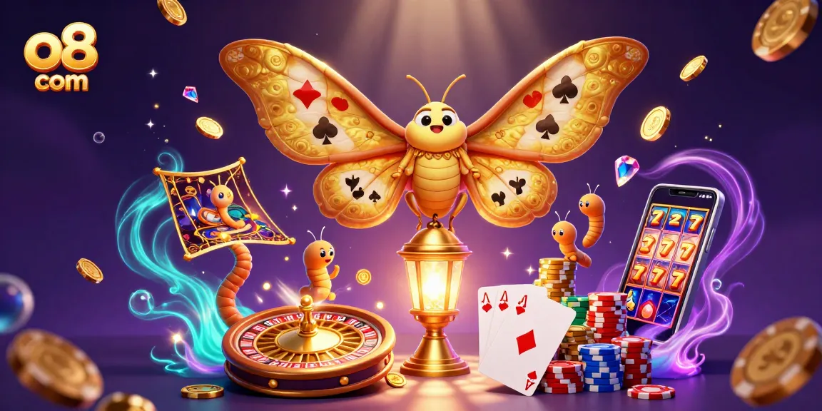 Engage with thrilling gaming at o8 com, showcasing a vibrant 3D casino illustration featuring an atlas moth and exciting game elements.