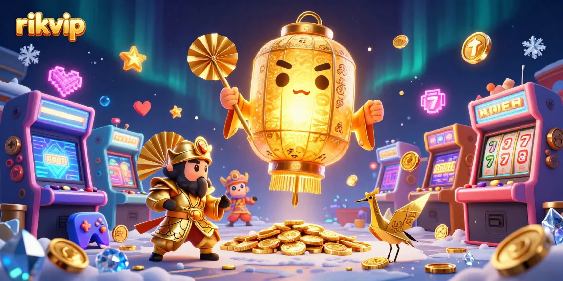 Engage with rikvip in this vibrant 3D casino scene showcasing lucky symbols and dynamic game elements.