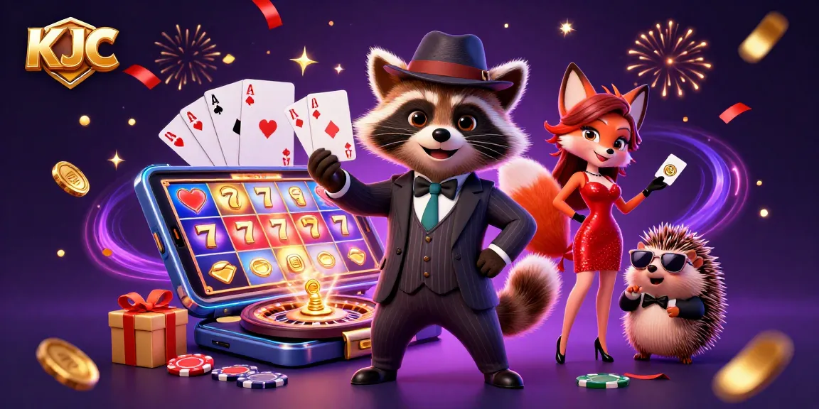 Engage with KJC's thrilling slots experience featuring a raccoon in a suit and vibrant gaming elements