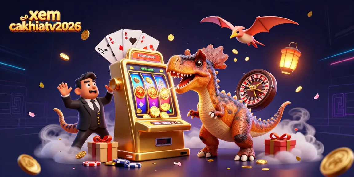 xem cakhiatv2026 features a dynamic scene of dinosaurs in a casino setting, emphasizing jackpot excitement