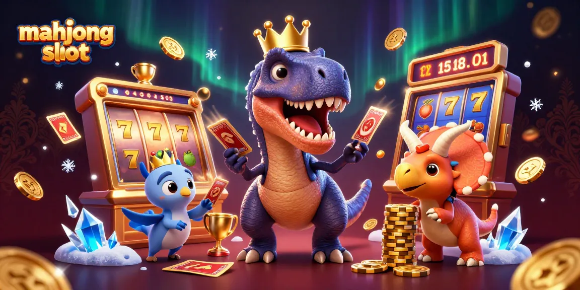Enjoy thrilling mahjong slot action with a T-Rex, a pterodactyl, and a triceratops in a vibrant casino.