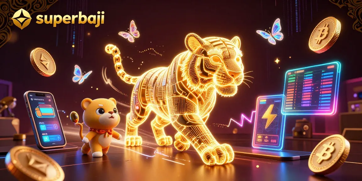 Experience superbaji's vibrant energy with a neon tiger in a captivating digital casino landscape.