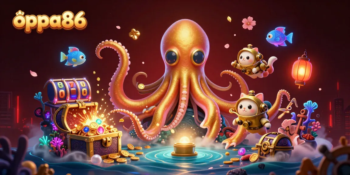 Experience the thrill of oppa86 with a vibrant casino-themed illustration featuring a kraken and diving cat.
