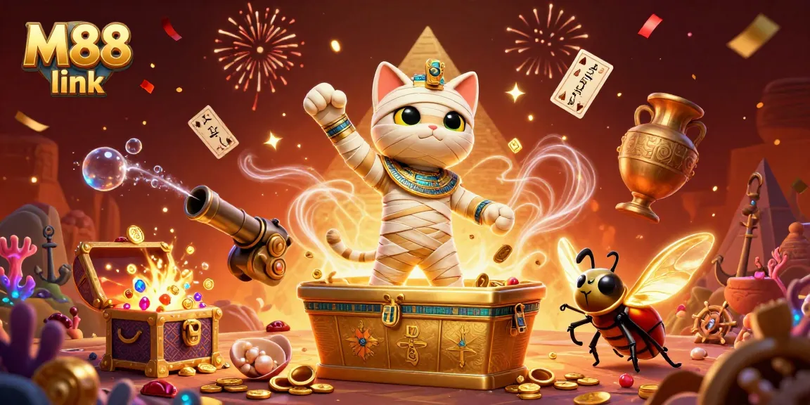 M88 link beraksi di kasino online dengan karakter uang, kucing mumi dengan sayap bersinar dan kartu hieroglif.