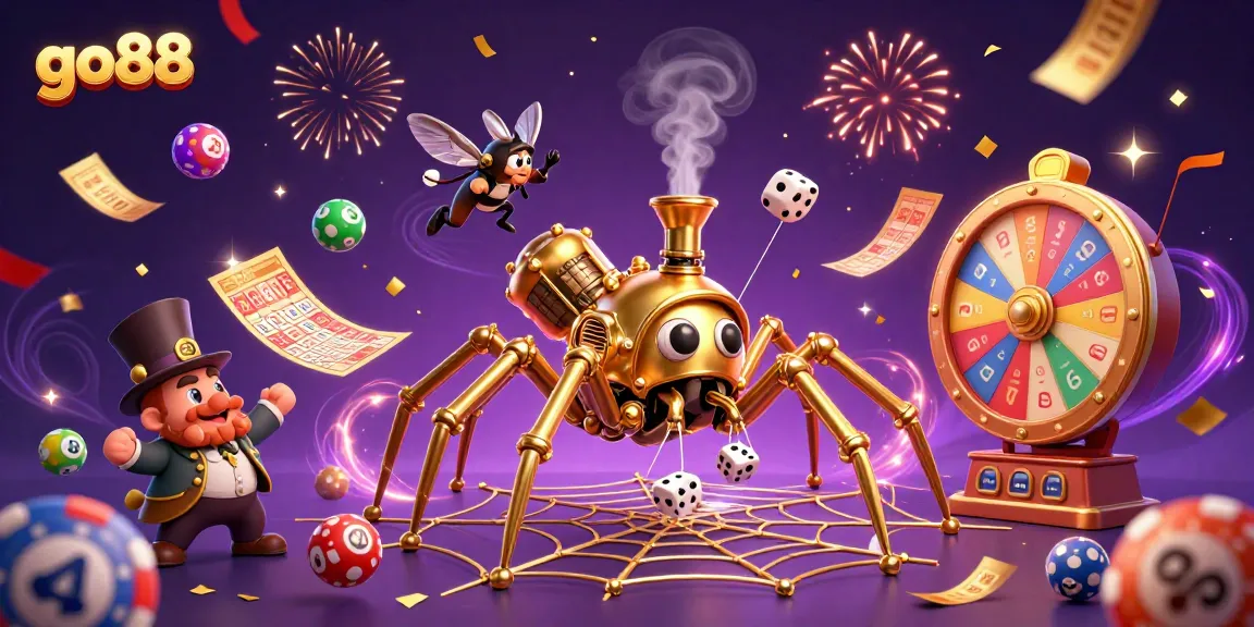 Engaging go88 casino scene featuring a golden spider and Victorian fly surrounded by colorful gaming elements.