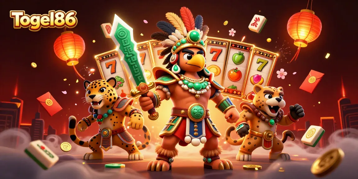 Togel86 showcases an action-packed 3D illustration of a slot gaming scene with Aztec warriors, filled with slot symbols and festive elements.