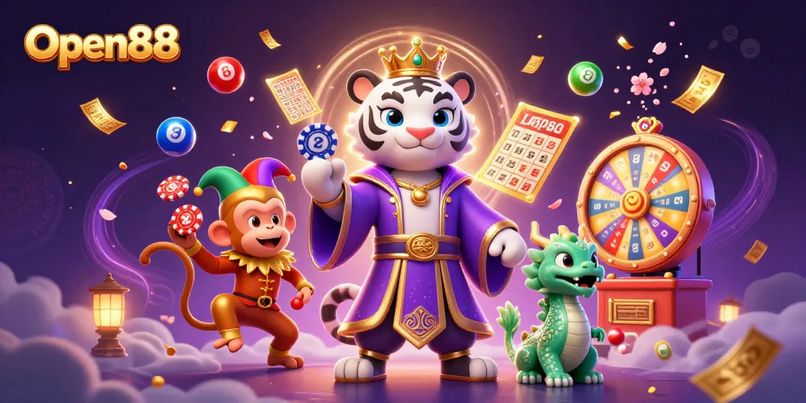 Open88 showcases an enchanting scene with a royal white tiger amidst a vibrant display of gaming elements, celebrating casino excitement.