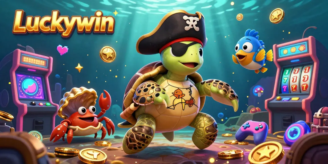 Experience the thrill at Luckywin as a pirate turtle and friends enjoy vibrant slot machines and underwater treasures in a dynamic casino scene.