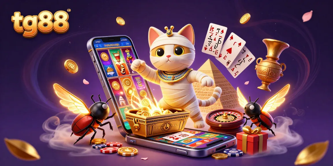 Spin and win with tg88 in a thrilling 3D casino illustration featuring a mystical mummy cat and vibrant gameplay elements.