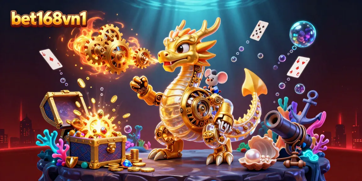Experience thrilling gameplay with bet168vn1 as the golden dragon breathes golden gears amidst vibrant casino elements.