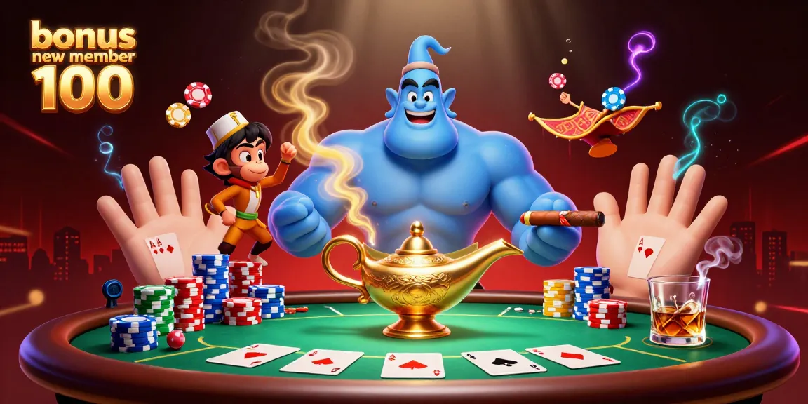 Engage with bonus new member 100 promo in a vibrant 3D casino scene featuring a genie, monkey, and poker elements.