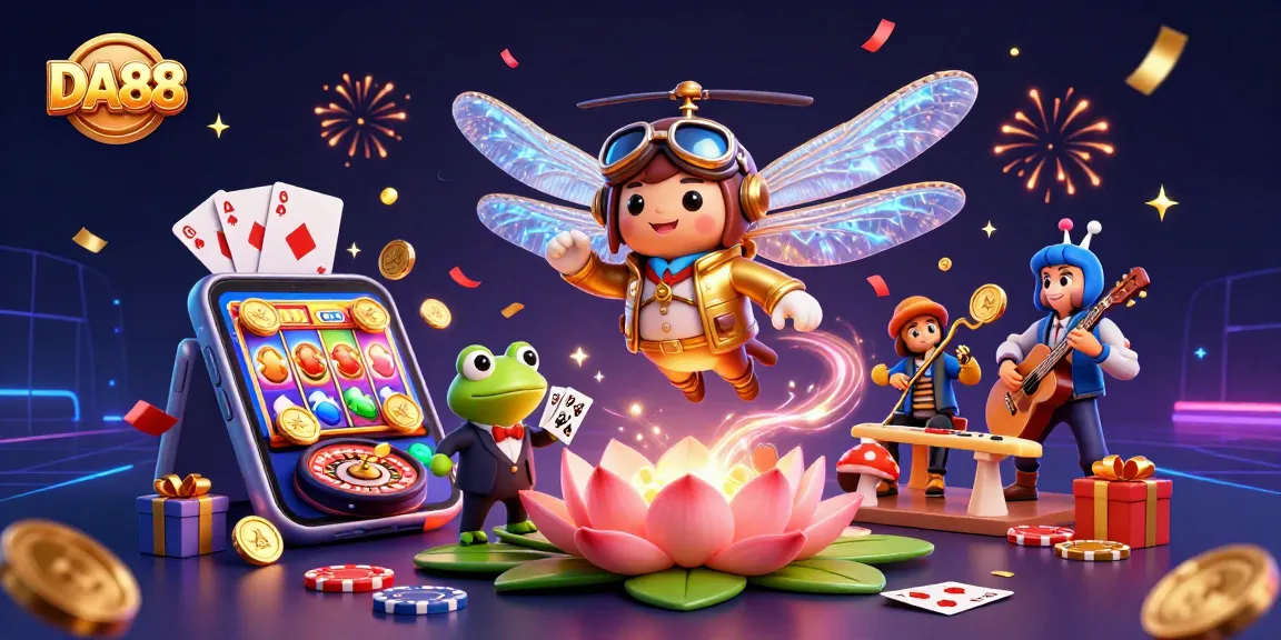 Experience the thrill of DA88 as a dragonfly pilot and frog croupier engage in exciting casino games amidst vibrant atmosphere.