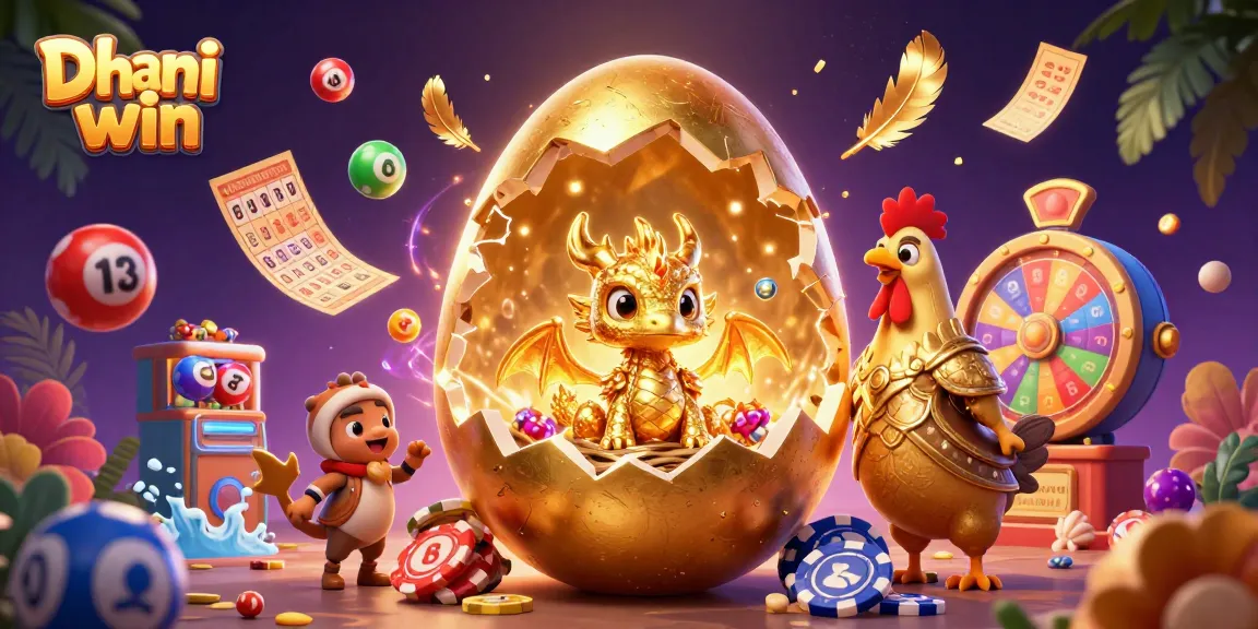 Dhani win platform showcasing a golden egg cracking to reveal a dazzling gold dragon amongst casino elements.