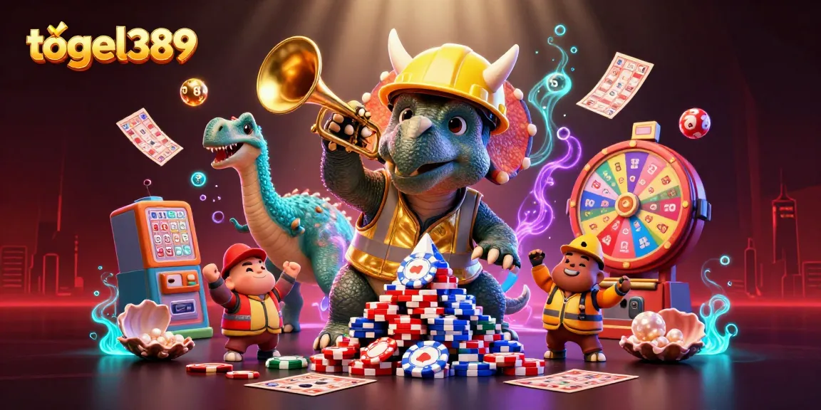 Togel389 celebrates with a vibrant 3D cartoon scene featuring a triceratops and friends engaged in exciting lottery activities.