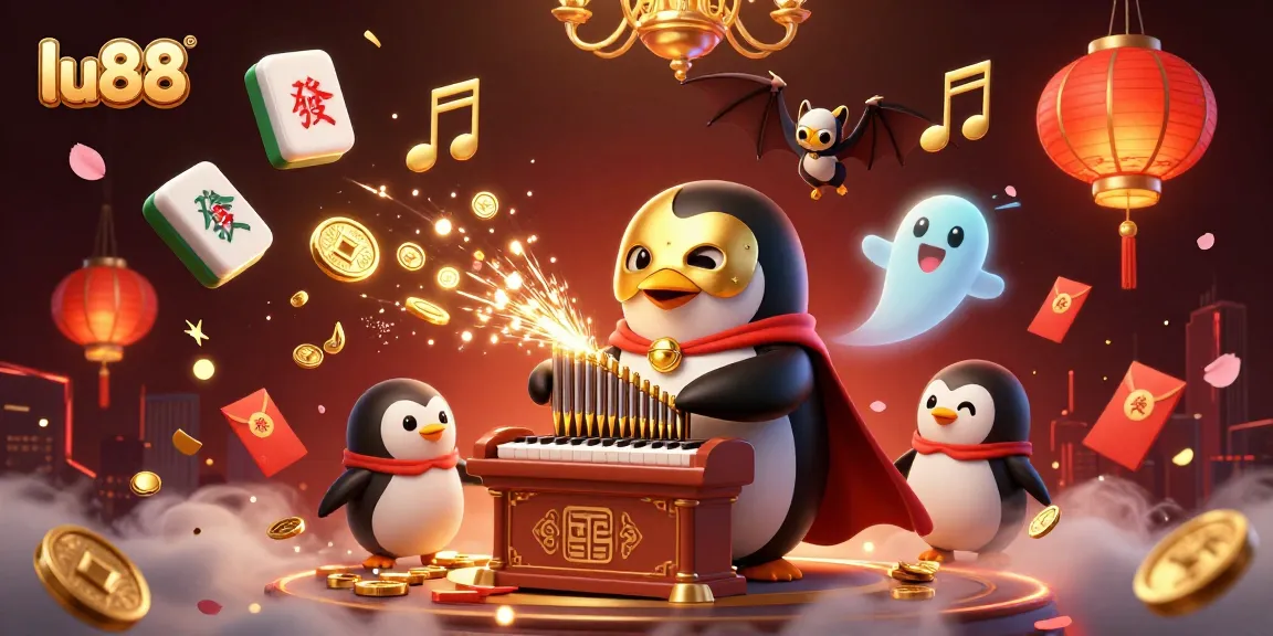 Experience the excitement of lu88 with a vibrant casino scene showcasing a penguin playing an organ, surrounded by golden elements.