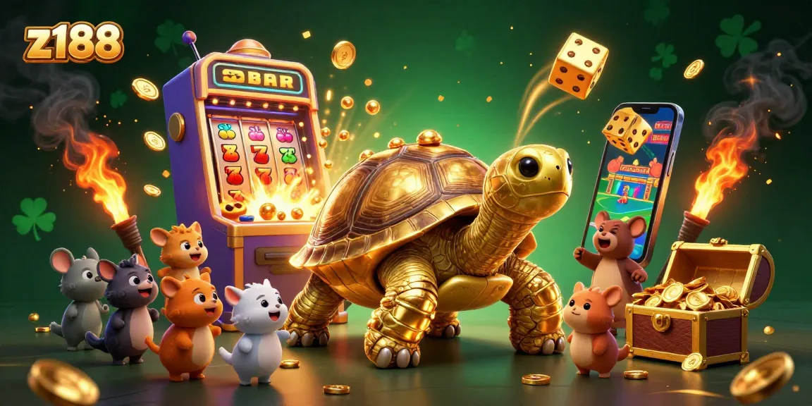 Experience thrilling wins at z188 with a dynamic casino scene featuring a golden tortoise pinball machine and jackpot elements.