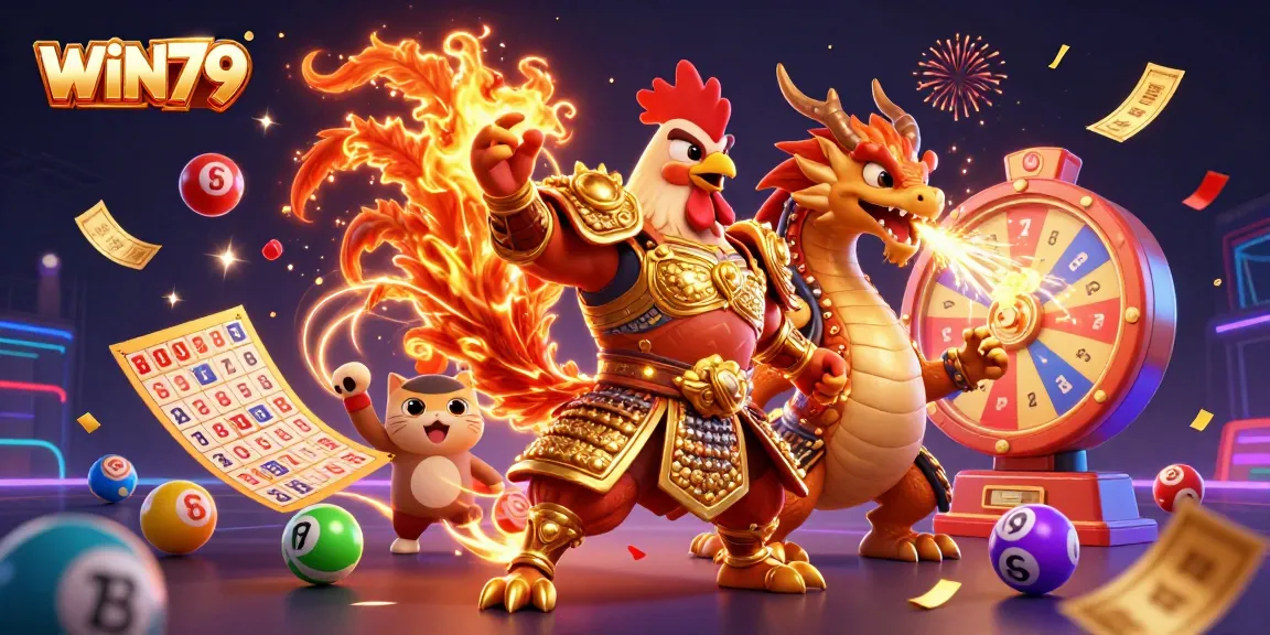 Engage with WIN79 by spinning lottery balls, celebrating wins in a vibrant casino-themed illustration.