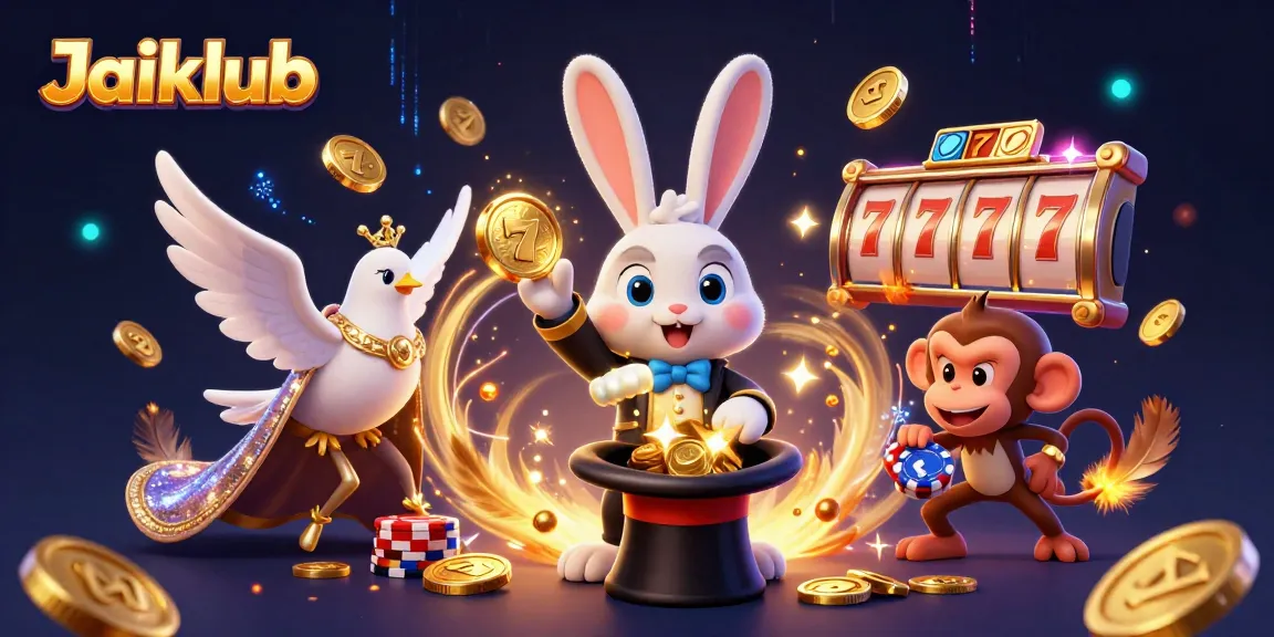 Jaiclub features a 3D magician rabbit pulling coins from a top hat amid vibrant slot gaming elements.