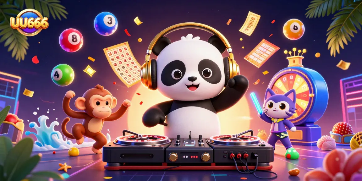 Experience UU666 casino fun with a DJ panda, monkey dancing, and vibrant game elements in action