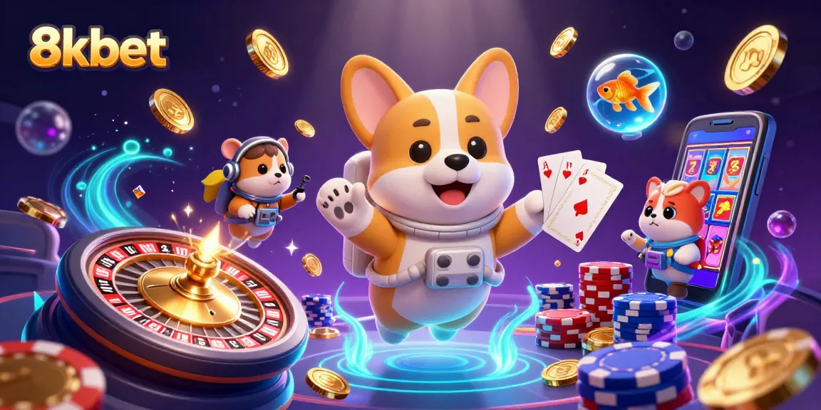 Experience engaging gaming moments at 8xbet featuring a playful astronaut corgi surrounded by casino excitement.