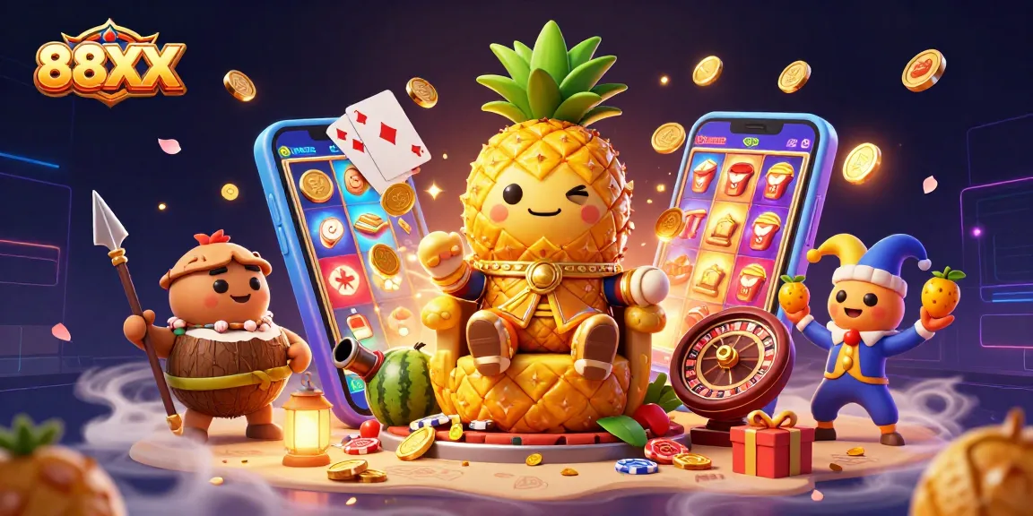 Engage in thrilling slots with 88XX in a vibrant, fantasy beach casino scene.
