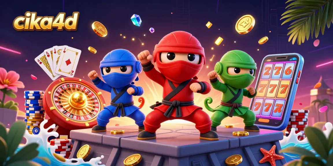 Experience thrilling wins at cika4d with a vibrant illustration showcasing chameleons and casino elements.