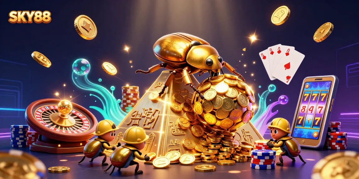 Experience the excitement of SKY88 with golden coins and casino symbols in a vibrant 3D scene.