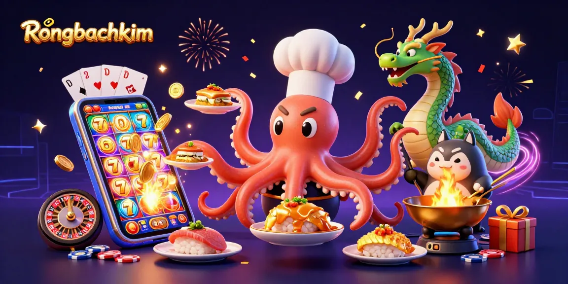 Engage with Rongbachkim's exciting slot games, featuring a sushi chef octopus, dragon companion, and festive elements.