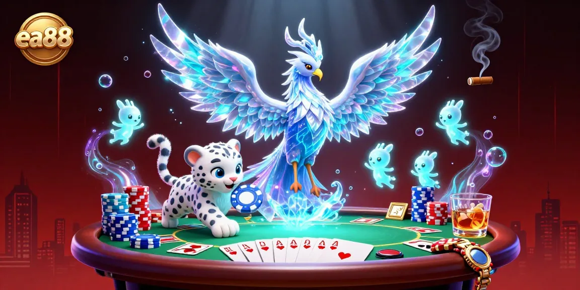 Experience the thrill at EA88 with an ice phoenix, poker, and vibrant game elements.