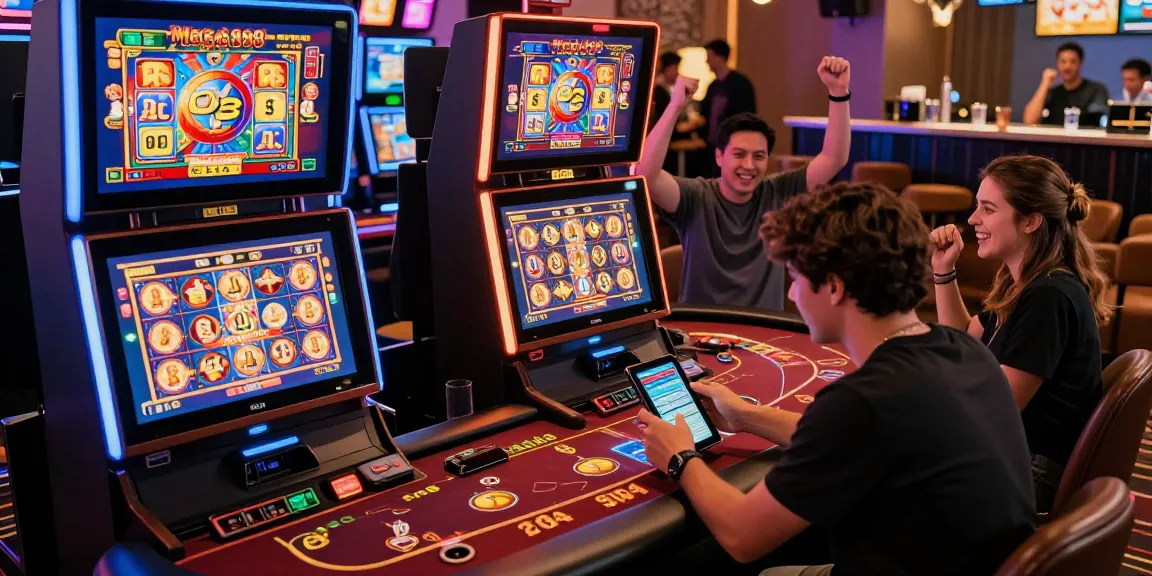 Engaged players celebrating a win with the Mega888 Original app in a lively casino atmosphere.