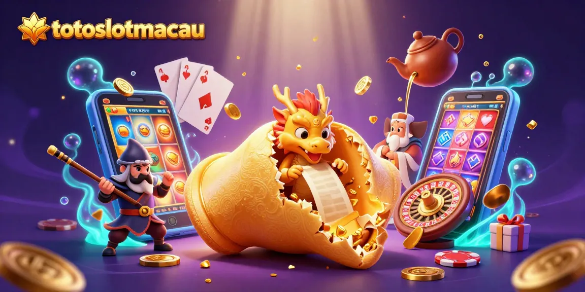 Experience thrilling gameplay at totoslotmacau with this vibrant illustration featuring a giant fortune cookie and casino elements.
