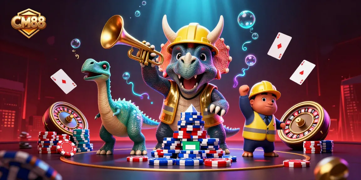 CM88 brings vibrant energy to poker night with a celebrating trio of cartoon dinosaurs among dynamic casino elements.