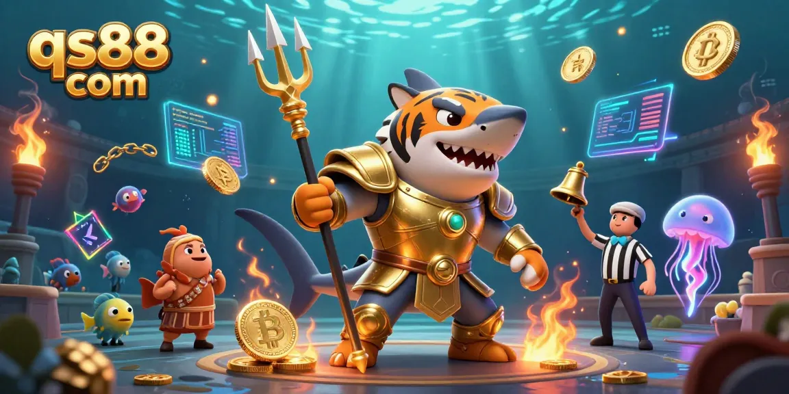 Engage with the thrilling underwater arena at qs88 com featuring a fearless tiger shark in golden armor amidst exciting crypto elements.