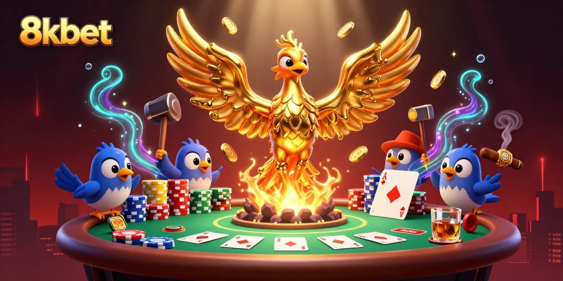 Play and win exciting poker games at 8xbet with vibrant golden phoenix illustration.