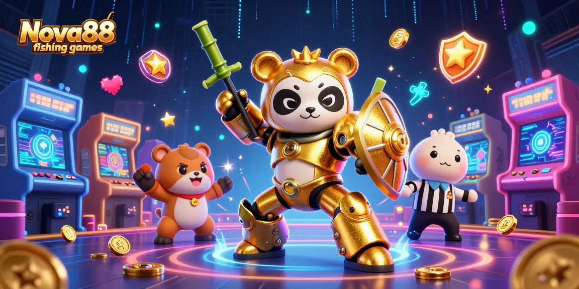 Experience thrilling Nova88 fishing games with an exciting mech-suit panda character enjoying vibrant arcade elements.