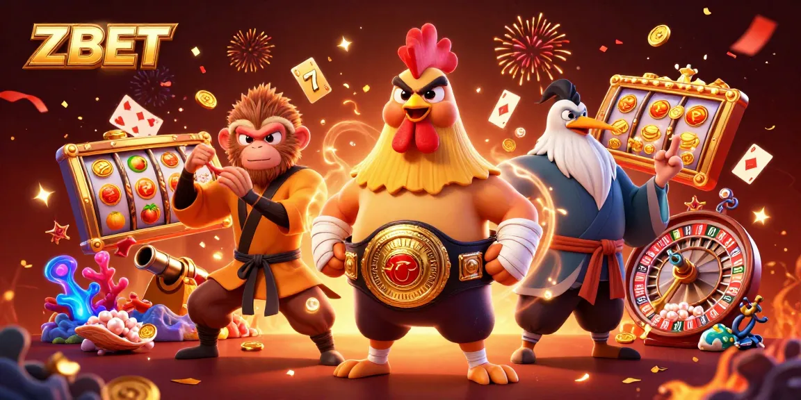 ZBET showcases a dynamic 3D scene with a Muay Thai rooster, martial artist monkey, and wise crane amid casino elements, creating thrilling energy.