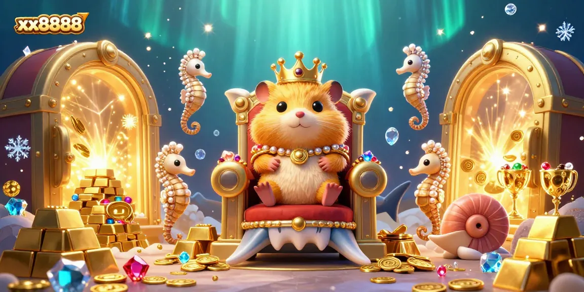 Win big with xx8888 as the golden hamster king reigns in this dynamic underwater casino scene filled with treasures.