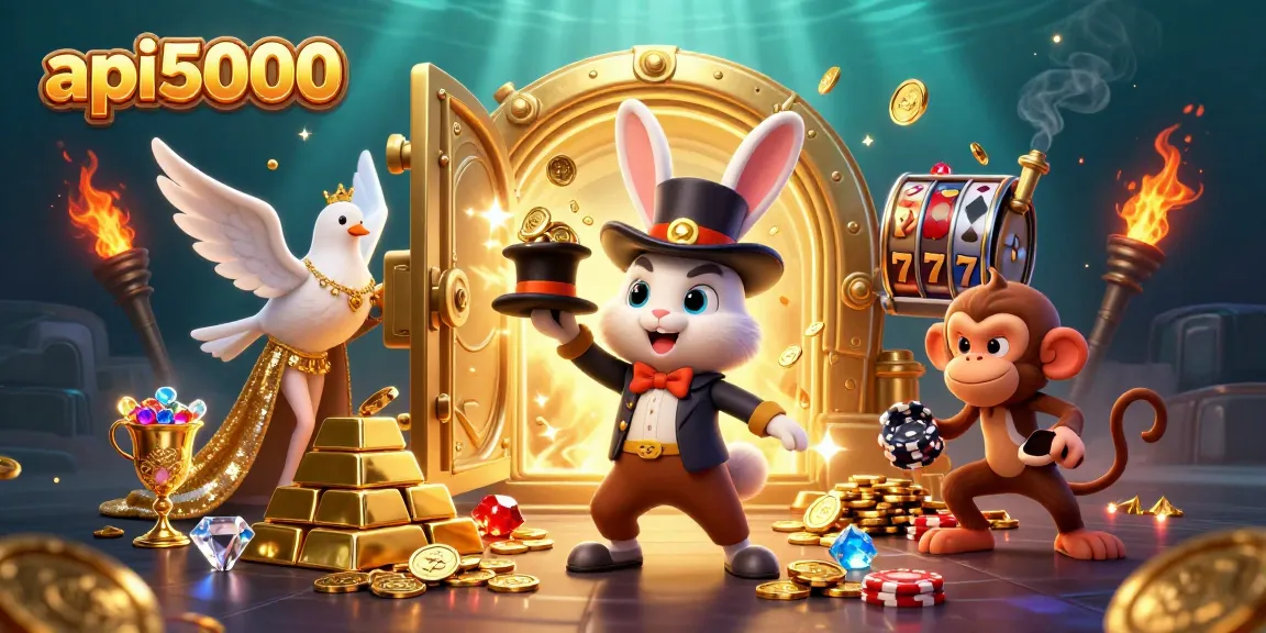 Menangkan jackpot di api5000 dengan simbol slot, uang logam emas, dan efek sihir dari kelinci.