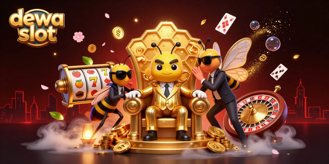 Ilustrasi dewa slot menampilkan bos lebah kartun di tahta dengan elemen permainan slot yang dinamis.