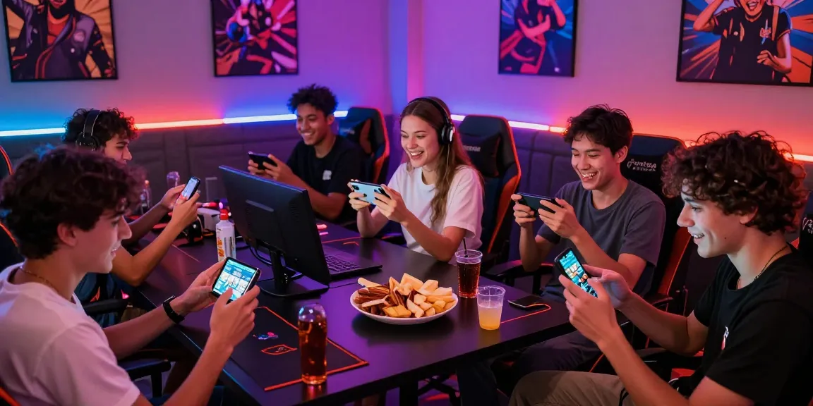 Friends enjoying online game Card Rummy APK in a lively gaming lounge.
