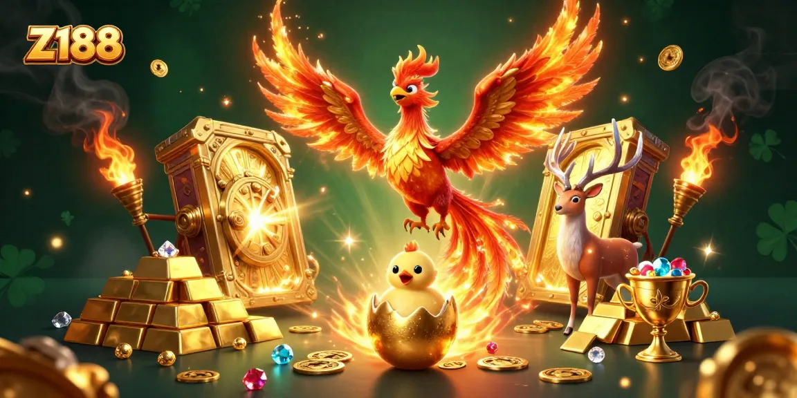 Experience the thrill and excitement of Z188 with a vibrant 3D casino scene featuring a phoenix and treasure.