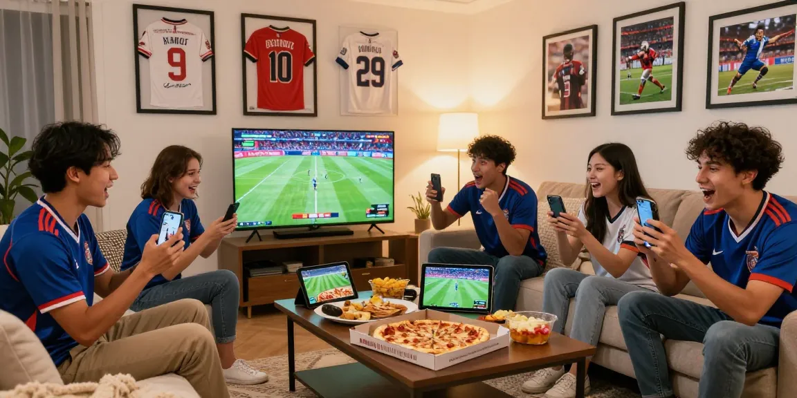 Friends enjoying ihdsports live football matches together in a cozy room with snacks and team jerseys