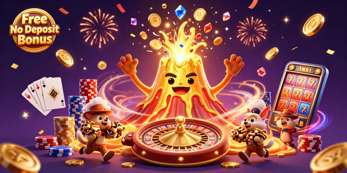 Experience thrilling action with Free No Deposit Bonus as whimsical characters triumphantly celebrate over cascading coins and gems.