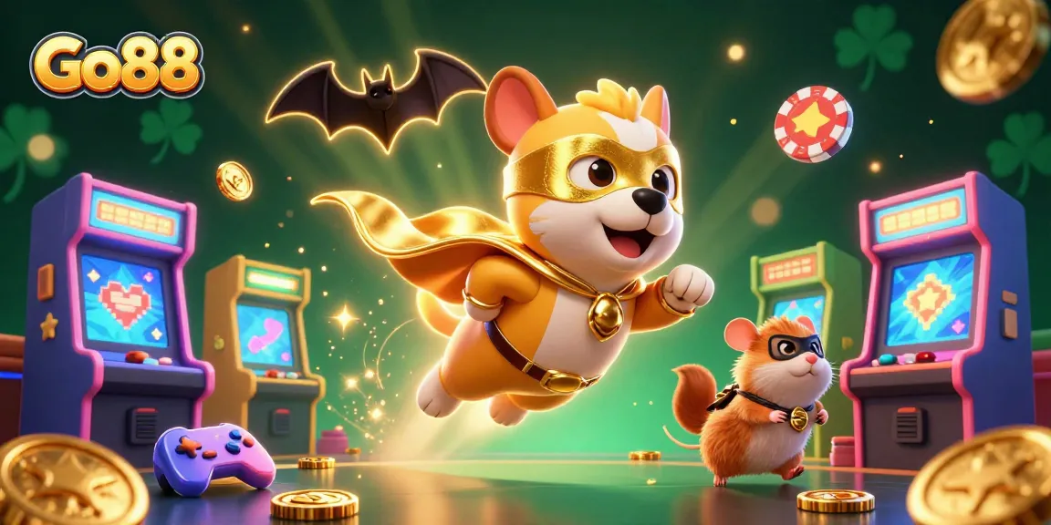 Go88 superhero dog flies with gold coins in a vibrant casino scene filled with game elements.