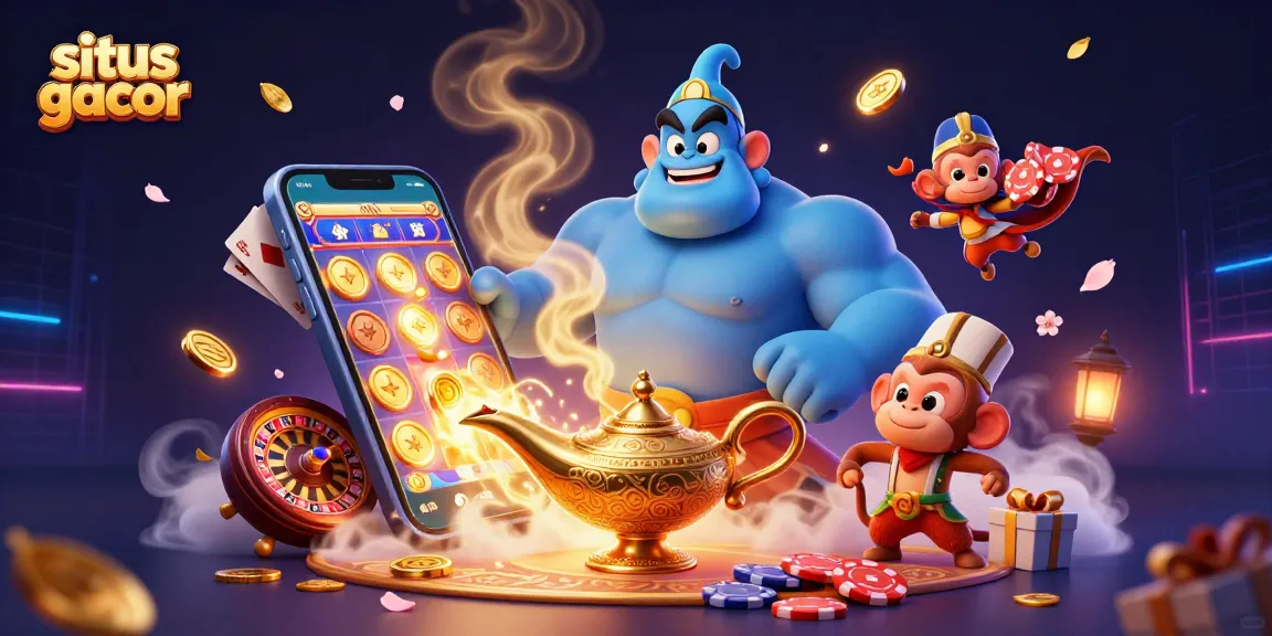 Win with situs gacor: A genie and friends showcase vibrant slot action in an enchanting casino scene.