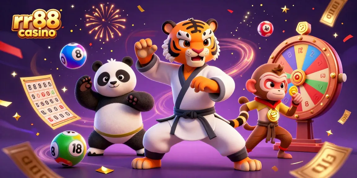 Engage with the rr88 casino experience where a kung fu tiger, panda disciple, and monkey student celebrate with lively lottery elements.