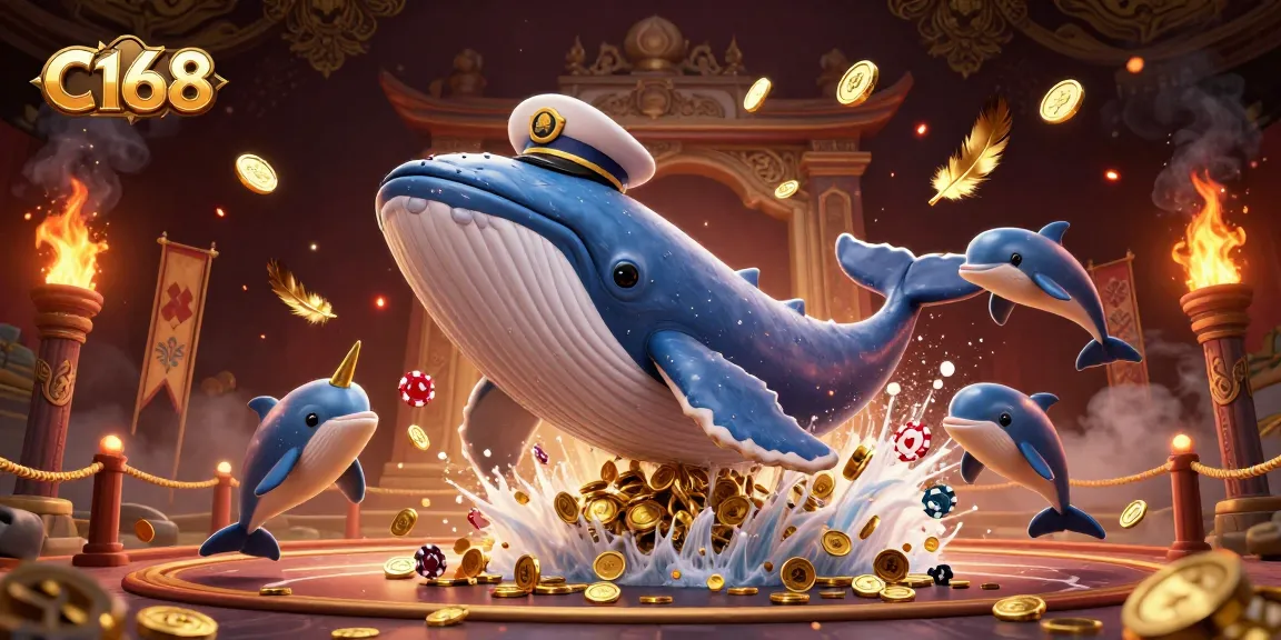 Experience C168 as a colossal cartoon whale breaching through coins in a vibrant casino scene.