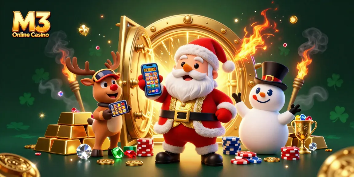 M3 Online Casino brings excitement with Santa and friends celebrating jackpot wins in a vibrant atmosphere.
